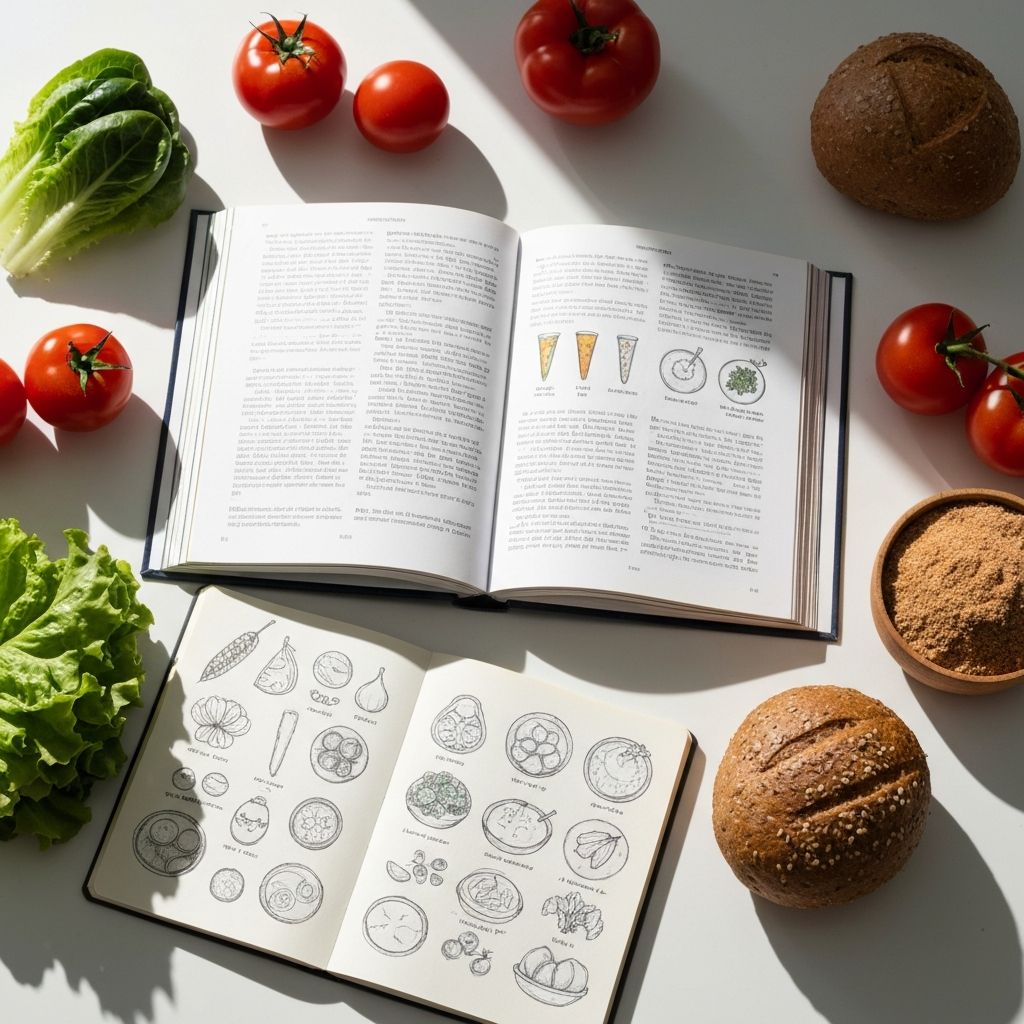 Educational concept with healthy ingredients and learning materials